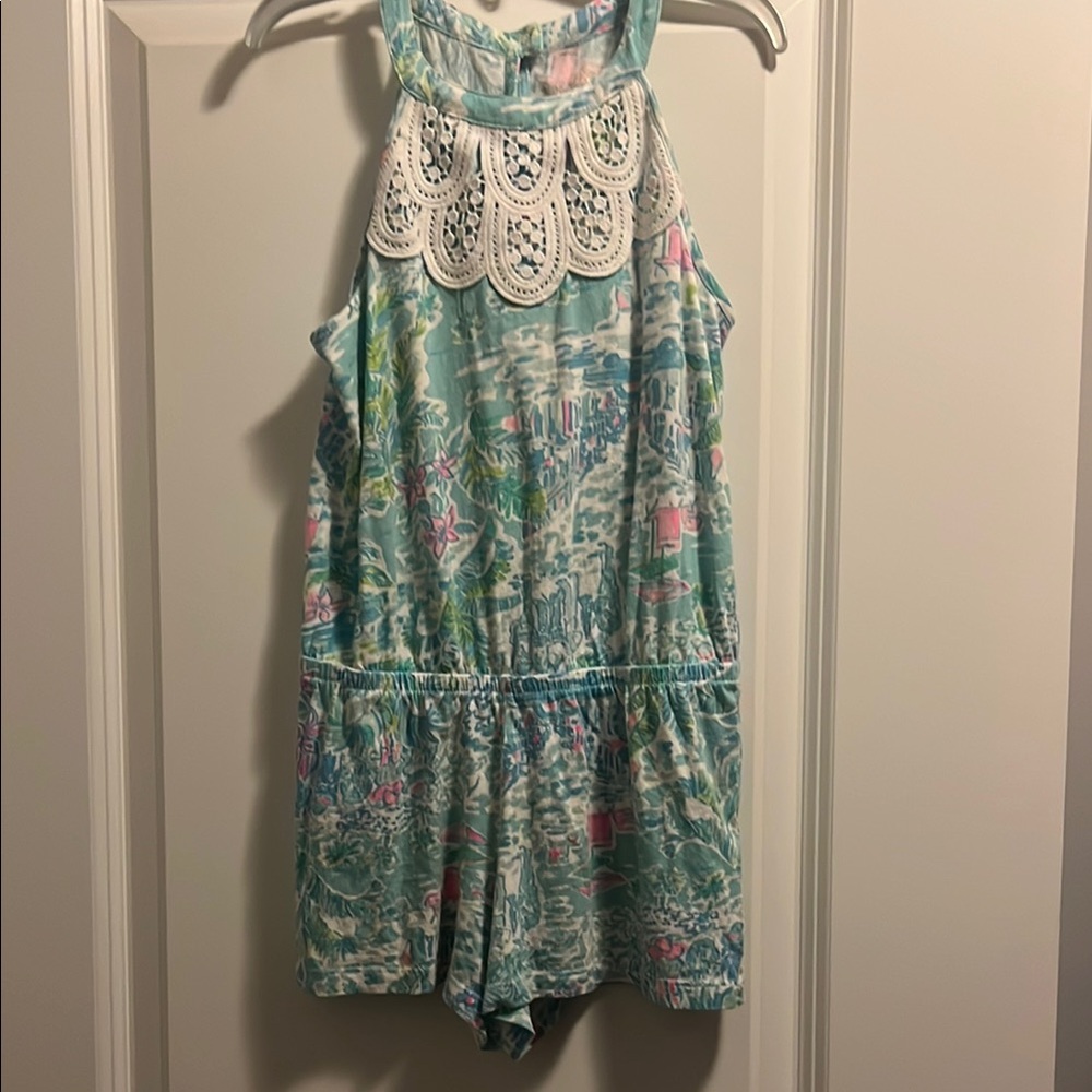 Lilly Pulitzer Girls Blue and Pink Romper with Lace Detail